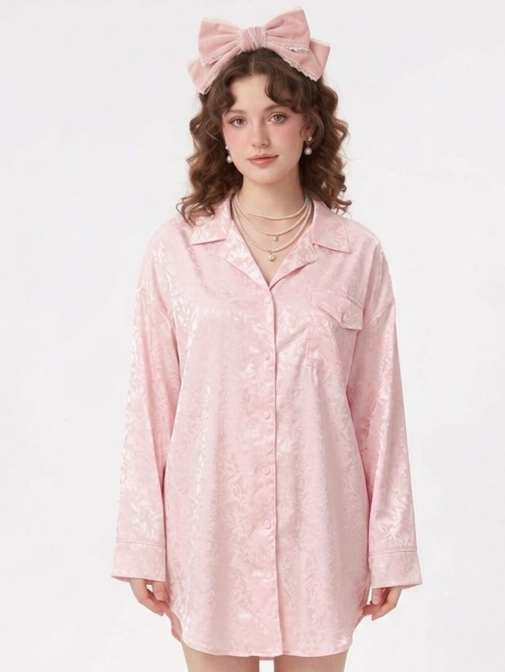 Vtg 90s Erika Taylor Coqutte Pink Damask Satin Floral Button Down Sleep Shirt M